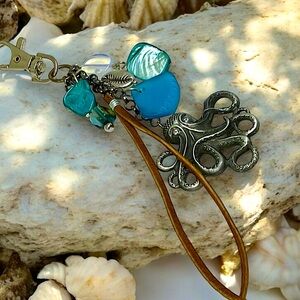 Ocean nautical bag charm with octopus pendant and multiple Albicore shells